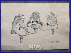 CHUCK JONES drawing and painting on old paper signed stamped vintage
