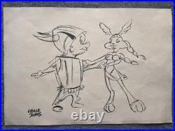 CHUCK JONES drawing and painting on old paper signed stamped vintage