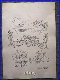 CHUCK JONES drawing and painting on old paper signed stamped vintage