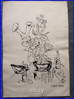 CHUCK JONES drawing and painting on old paper signed stamped vintage