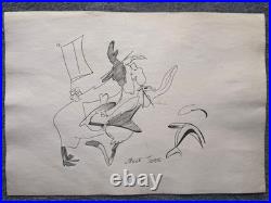 CHUCK JONES drawing and painting on old paper signed stamped vintage