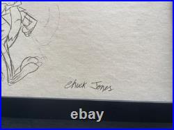 Chuck Jones Drawing On Antique Paper, Framed On Wood, Signed And Sealed