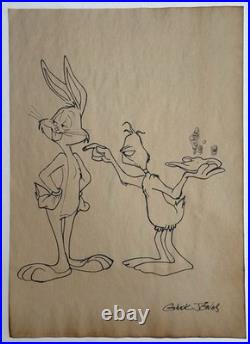 Chuck Jones (Handmade) Drawing On Old Paper Signed & Stamped, vtg art