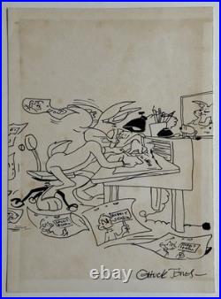 Chuck Jones (Handmade) Drawing On Old Paper Signed & Stamped, vtg art