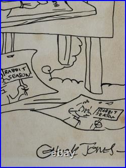 Chuck Jones (Handmade) Drawing On Old Paper Signed & Stamped, vtg art
