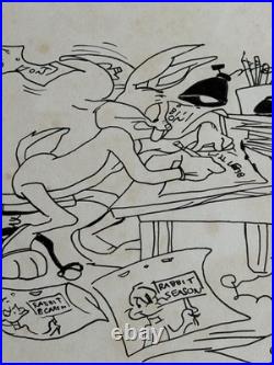 Chuck Jones (Handmade) Drawing On Old Paper Signed & Stamped, vtg art