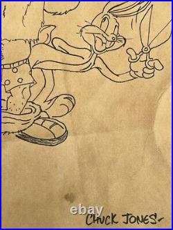 Chuck Jones (Handmade) Drawing On old Paper Signed & Stamped Mixed Media