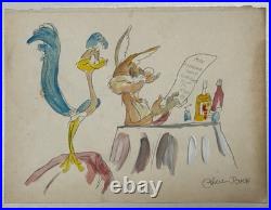 Chuck Jones (Handmade) Drawing On old Paper Signed & Stamped, Vtg Art