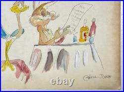 Chuck Jones (Handmade) Drawing On old Paper Signed & Stamped, Vtg Art