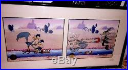 Chuck Jones Signed, Road Runner, Wile E. Coyote Cel Acme Bird Seed Set of 2 Cells