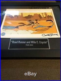 Chuck Jones Signed Wilie E. Coyote/Road Runner Framed Sericell, 16x16 Framed