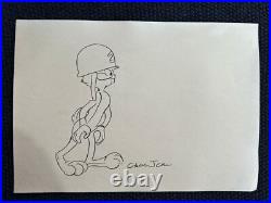 Chuck jones drawing and painting on old paper signed stamped vintage