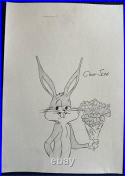 Chuck jones drawing and painting on old paper signed stamped vintage