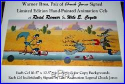 SIGNED 2X Chuck Jones WB Wile E. Coyote, Road Runner Ltd. Edit. Cels withBkgds COA