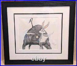 Virgil Ross Signed Bugs Bunny & TORO Bull Original Color Drawing Framed