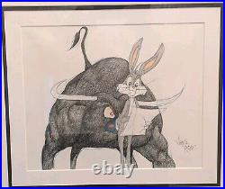 Virgil Ross Signed Bugs Bunny & TORO Bull Original Color Drawing Framed