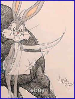 Virgil Ross Signed Bugs Bunny & TORO Bull Original Color Drawing Framed