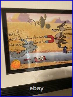 WARNER BROS ROAD RUNNER 1970s PRODUCTION DRAWING + 1/1 CEL SIGNED CHUCK JONES