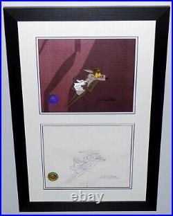 WARNER BROS WILE E COYOTE 1970s PRODUCTION DRAWING + 1/1 CEL SIGNED CHUCK JONES